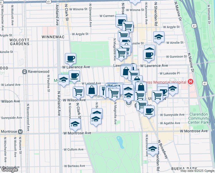 map of restaurants, bars, coffee shops, grocery stores, and more near 1247 West Leland Avenue in Chicago