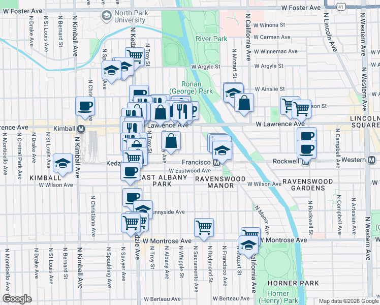 map of restaurants, bars, coffee shops, grocery stores, and more near 3000 West Leland Avenue in Chicago