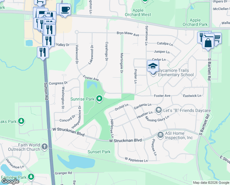 map of restaurants, bars, coffee shops, grocery stores, and more near 816 Foster Avenue in Bartlett
