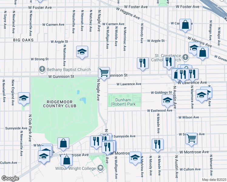map of restaurants, bars, coffee shops, grocery stores, and more near 6336 West Giddings Street in Chicago