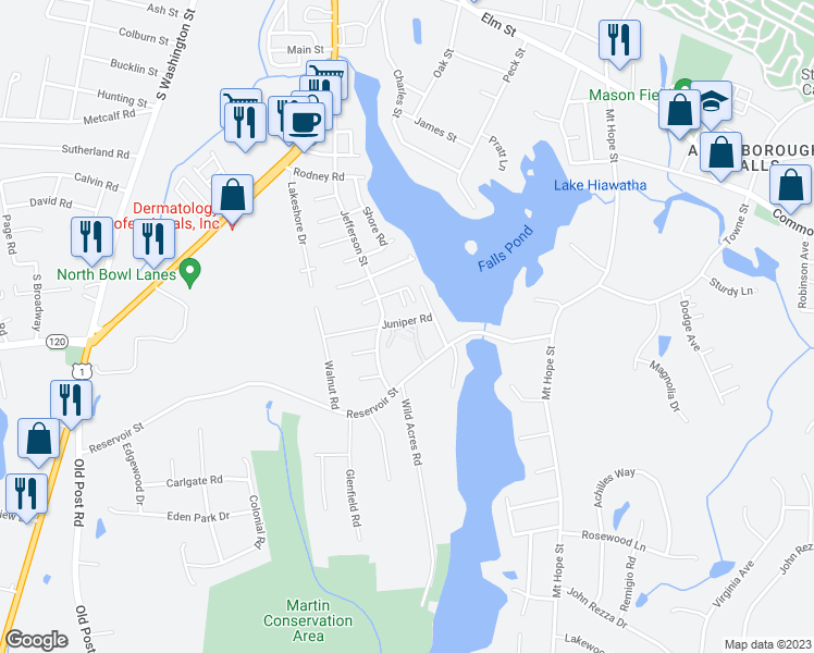 map of restaurants, bars, coffee shops, grocery stores, and more near 11 Juniper Road in North Attleborough