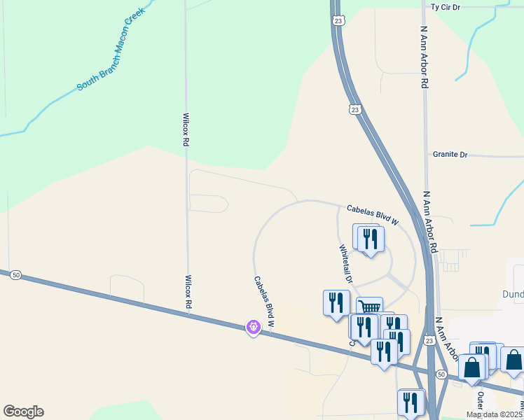 map of restaurants, bars, coffee shops, grocery stores, and more near Cabelas Boulevard West in Dundee