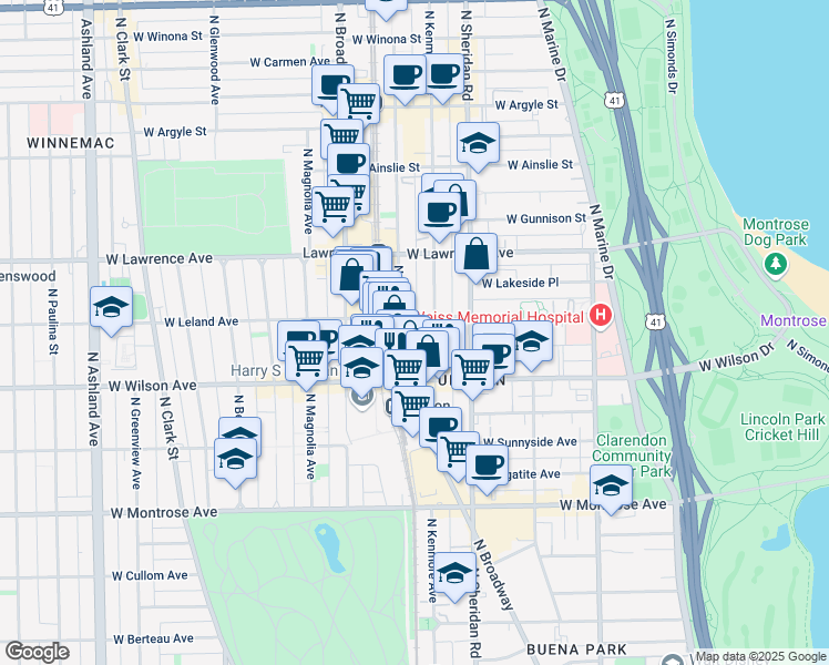 map of restaurants, bars, coffee shops, grocery stores, and more near 4657 North Winthrop Avenue in Chicago