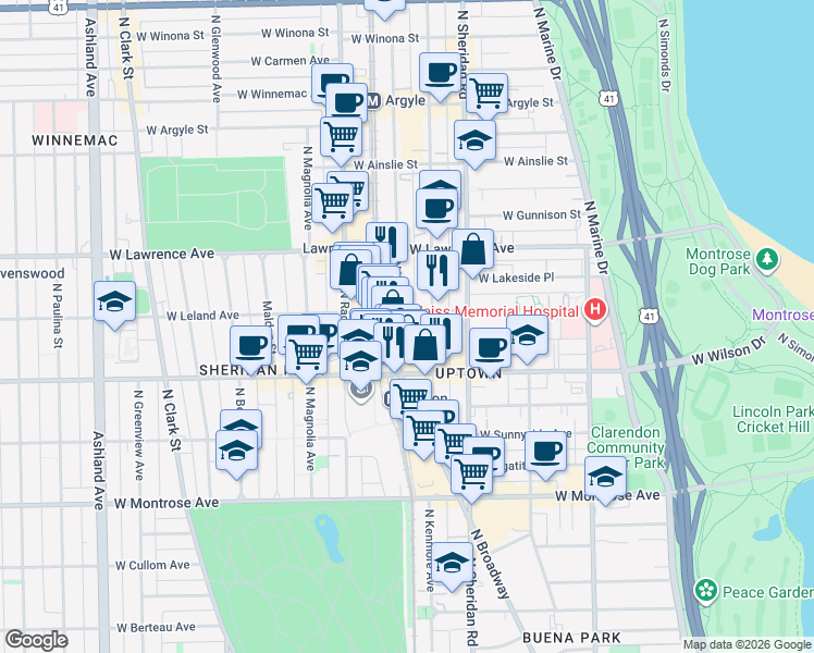map of restaurants, bars, coffee shops, grocery stores, and more near 4657 North Winthrop Avenue in Chicago