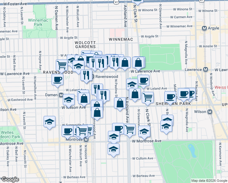 map of restaurants, bars, coffee shops, grocery stores, and more near 1721 West Leland Avenue in Chicago