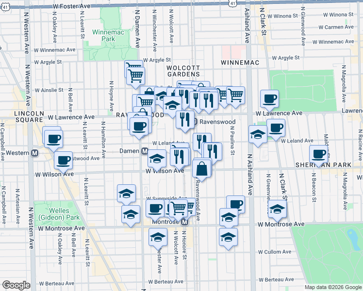 map of restaurants, bars, coffee shops, grocery stores, and more near 4700 North Ravenswood Avenue in Chicago