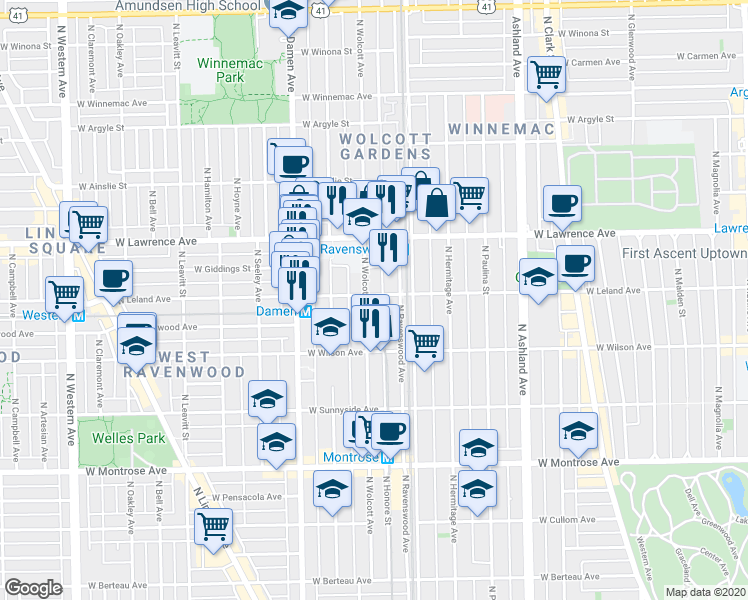 map of restaurants, bars, coffee shops, grocery stores, and more near 1900 West Leland Avenue in Chicago