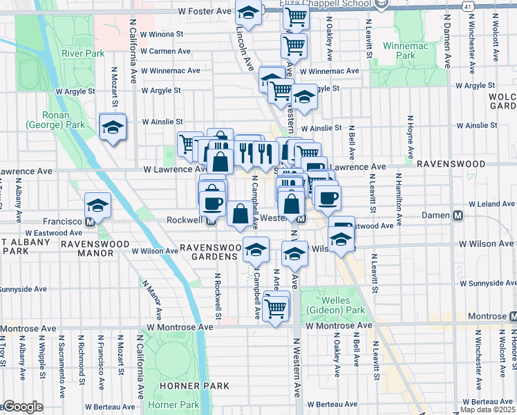 map of restaurants, bars, coffee shops, grocery stores, and more near 4704 North Campbell Avenue in Chicago