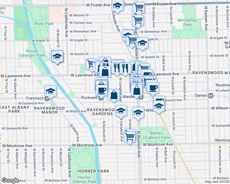 map of restaurants, bars, coffee shops, grocery stores, and more near 4704 North Campbell Avenue in Chicago