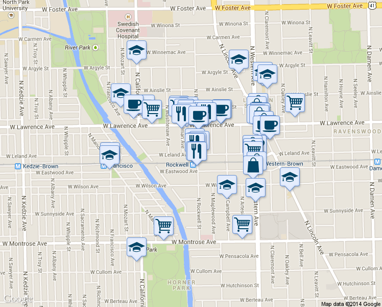 map of restaurants, bars, coffee shops, grocery stores, and more near 4707 North Talman Avenue in Chicago