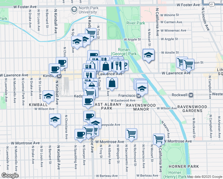 map of restaurants, bars, coffee shops, grocery stores, and more near 4706 North Whipple Street in Chicago