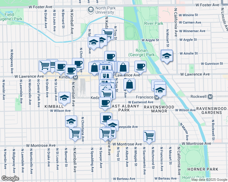 map of restaurants, bars, coffee shops, grocery stores, and more near 4701 North Kedzie Avenue in Chicago