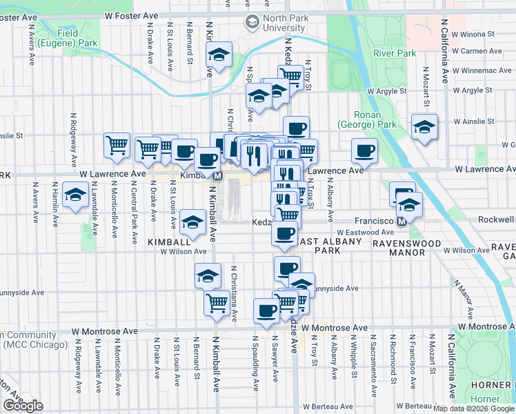 map of restaurants, bars, coffee shops, grocery stores, and more near 3252 West Leland Avenue in Chicago