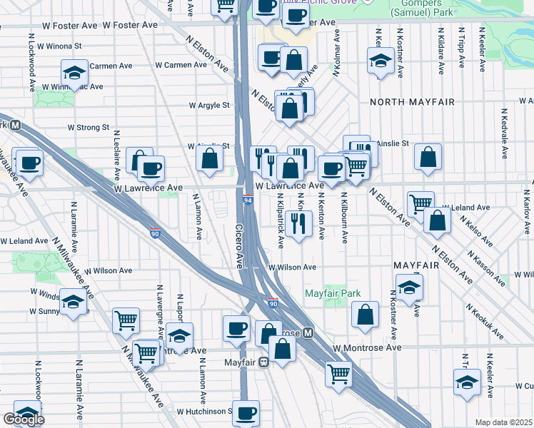 map of restaurants, bars, coffee shops, grocery stores, and more near 4724 North Kilpatrick Avenue in Chicago