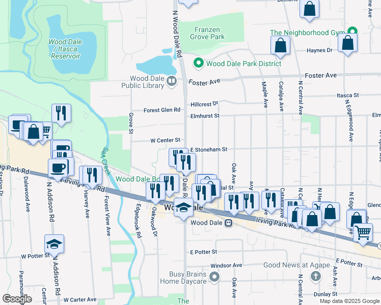 map of restaurants, bars, coffee shops, grocery stores, and more near in Wood Dale