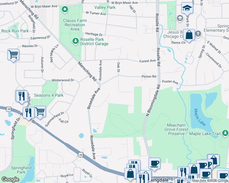map of restaurants, bars, coffee shops, grocery stores, and more near 6N316 Oak Street in Roselle