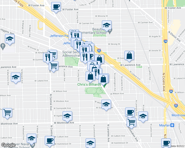 map of restaurants, bars, coffee shops, grocery stores, and more near 4754 North Milwaukee Avenue in Chicago
