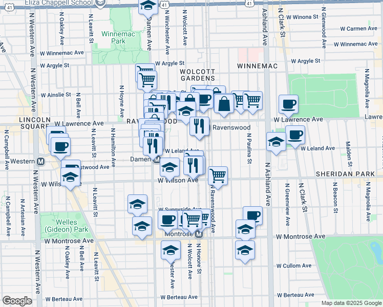 map of restaurants, bars, coffee shops, grocery stores, and more near 1900 West Leland Avenue in Chicago