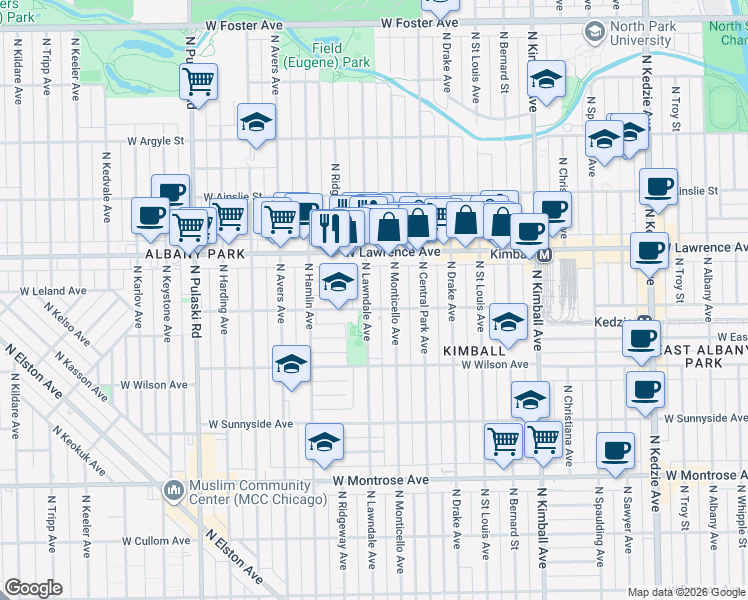 map of restaurants, bars, coffee shops, grocery stores, and more near 4709 North Lawndale Avenue in Chicago