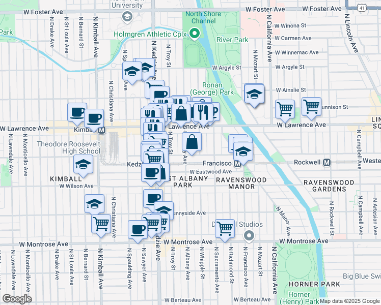 map of restaurants, bars, coffee shops, grocery stores, and more near 3048 West Leland Avenue in Chicago