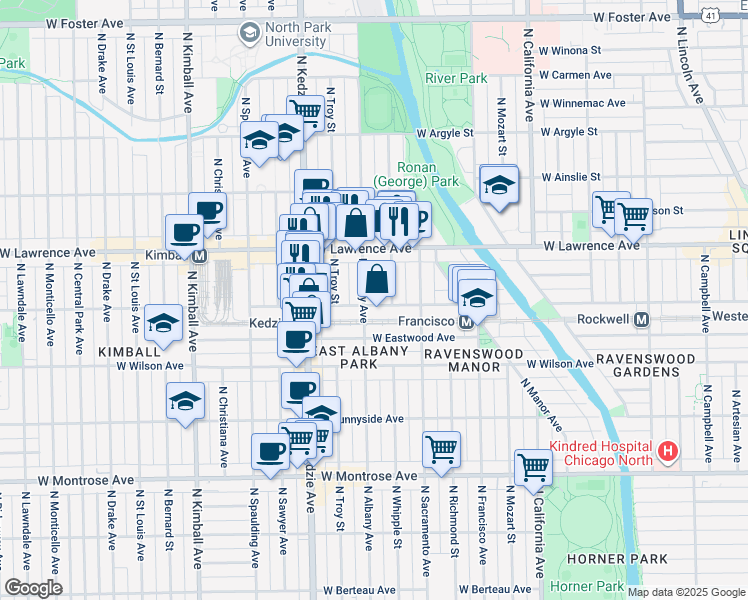map of restaurants, bars, coffee shops, grocery stores, and more near 3048 West Leland Avenue in Chicago