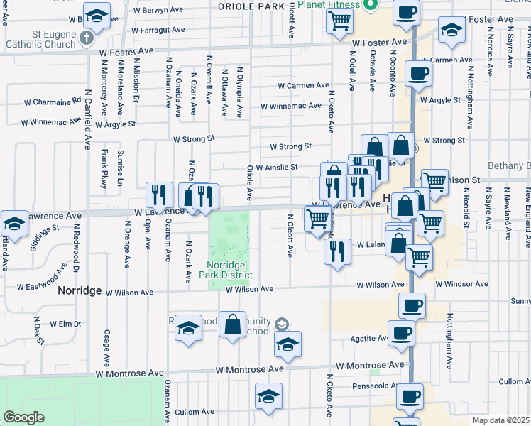 map of restaurants, bars, coffee shops, grocery stores, and more near 4753 North Oriole Avenue in Norridge
