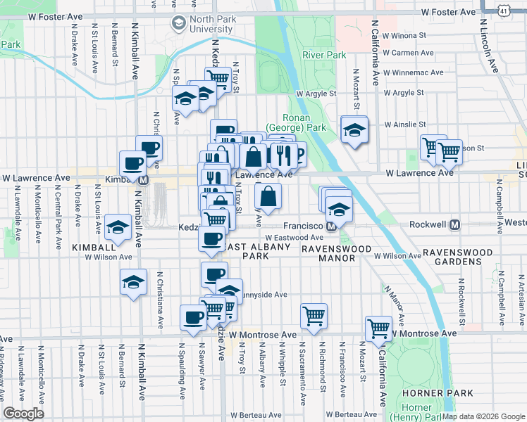 map of restaurants, bars, coffee shops, grocery stores, and more near 4703 North Albany Avenue in Chicago