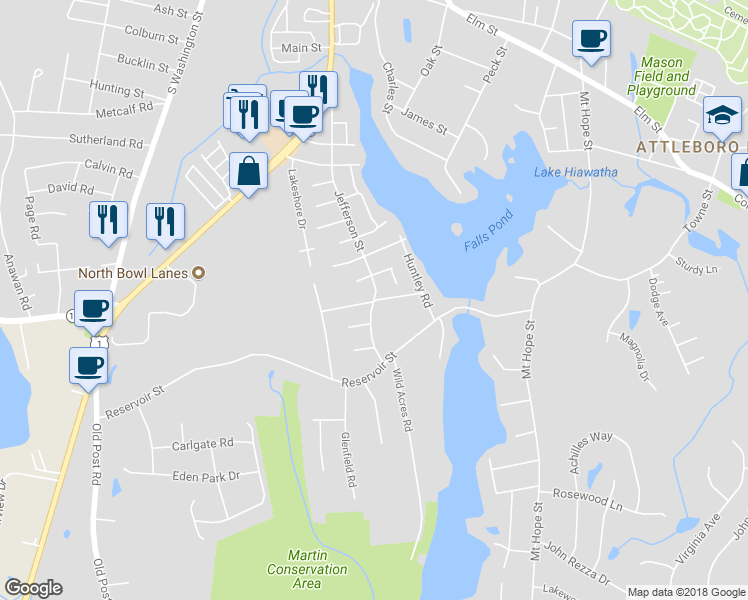 map of restaurants, bars, coffee shops, grocery stores, and more near 215 Jefferson Street in North Attleborough