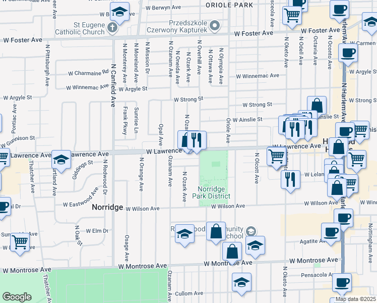 map of restaurants, bars, coffee shops, grocery stores, and more near 7721 West Lawrence Avenue in Harwood Heights