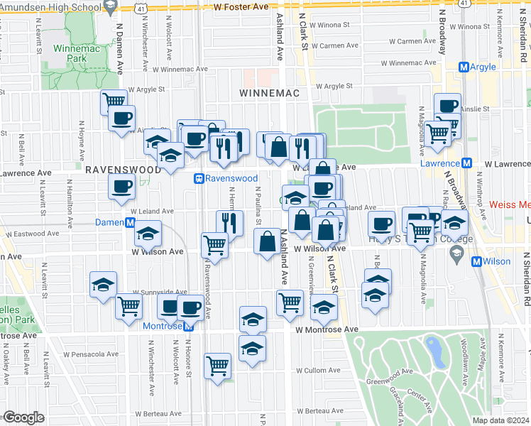 map of restaurants, bars, coffee shops, grocery stores, and more near 1633 West Leland Avenue in Chicago