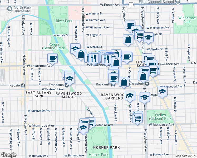 map of restaurants, bars, coffee shops, grocery stores, and more near 4709 North Washtenaw Avenue in Chicago