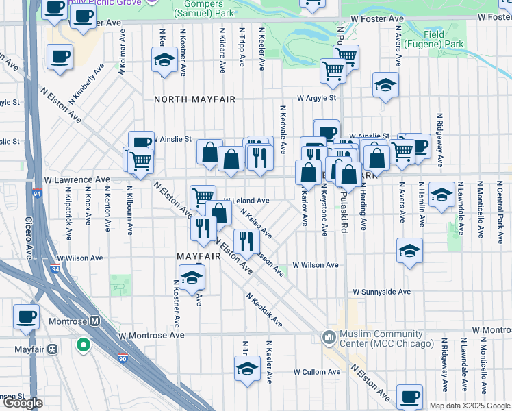 map of restaurants, bars, coffee shops, grocery stores, and more near 4215 West Leland Avenue in Chicago