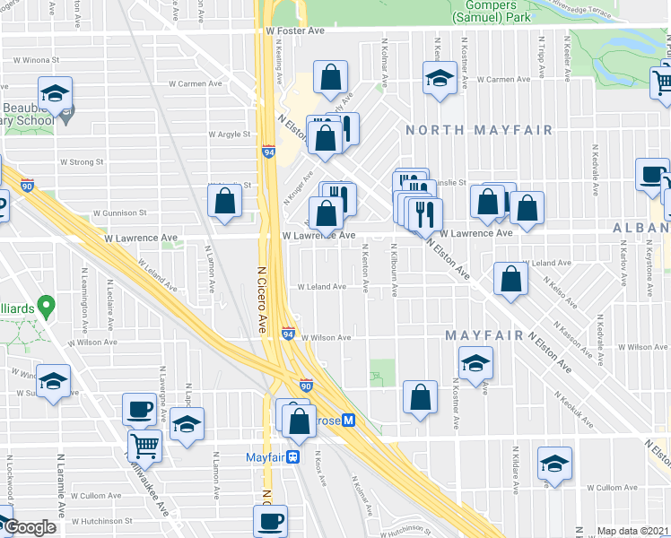 map of restaurants, bars, coffee shops, grocery stores, and more near 4718 North Knox Avenue in Chicago