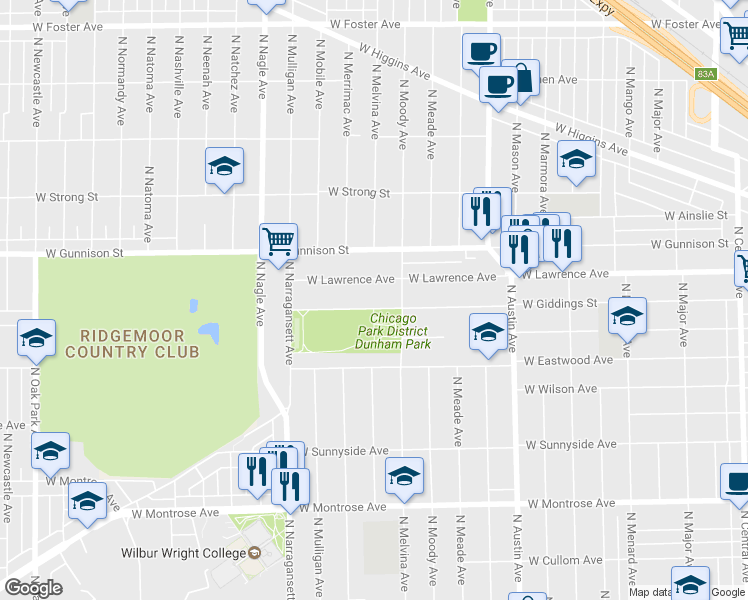 map of restaurants, bars, coffee shops, grocery stores, and more near 6228 West Giddings Street in Chicago