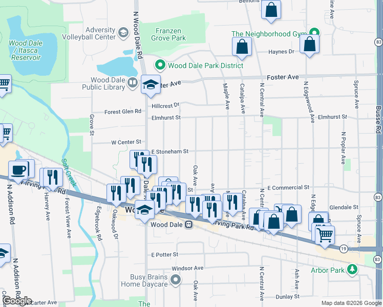 map of restaurants, bars, coffee shops, grocery stores, and more near 390 Oak Avenue in Wood Dale