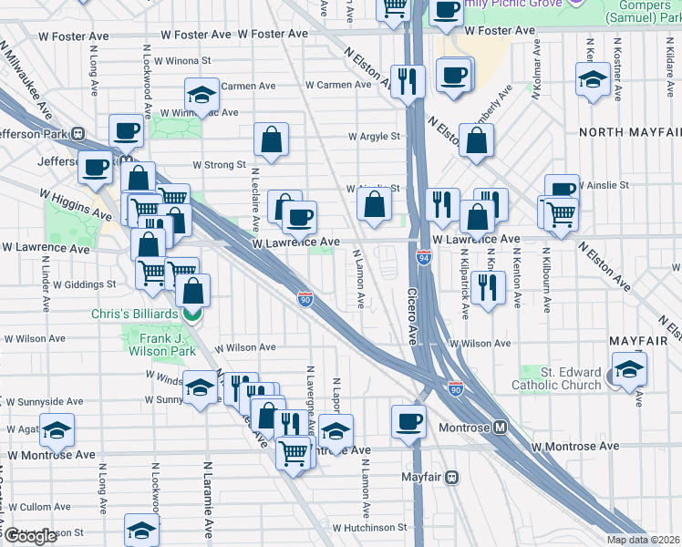 map of restaurants, bars, coffee shops, grocery stores, and more near 4726 North Laporte Avenue in Chicago