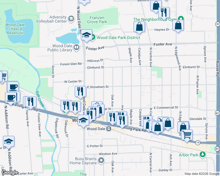 map of restaurants, bars, coffee shops, grocery stores, and more near 390 Oak Avenue in Wood Dale