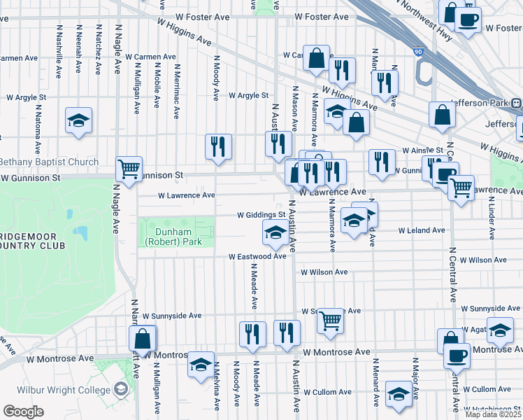 map of restaurants, bars, coffee shops, grocery stores, and more near 6030 West Giddings Street in Chicago