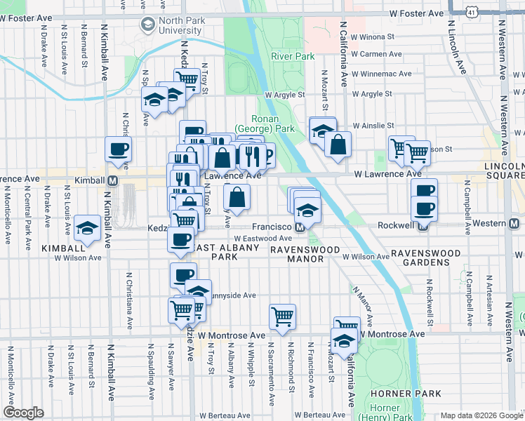 map of restaurants, bars, coffee shops, grocery stores, and more near 4700 North Sacramento Avenue in Chicago