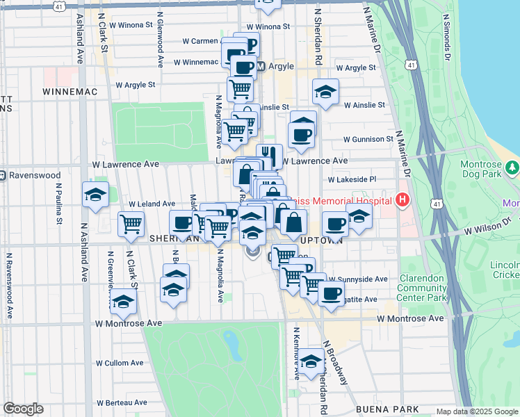 map of restaurants, bars, coffee shops, grocery stores, and more near 4660 North Clifton Avenue in Chicago
