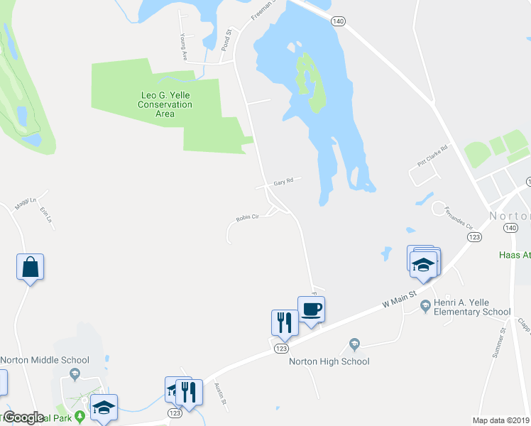 map of restaurants, bars, coffee shops, grocery stores, and more near 5 Robin Circle in Norton