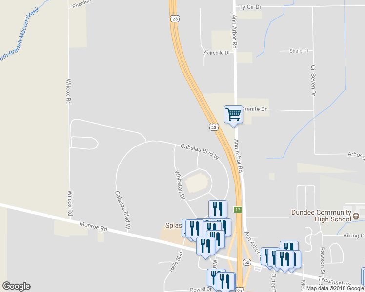 map of restaurants, bars, coffee shops, grocery stores, and more near Cabelas Boulevard West in Dundee