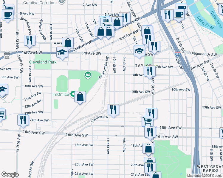 map of restaurants, bars, coffee shops, grocery stores, and more near 1010 10th Ave SW in Cedar Rapids
