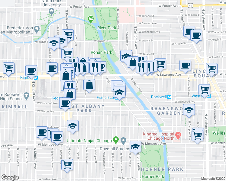 map of restaurants, bars, coffee shops, grocery stores, and more near 4704 North Manor Avenue in Chicago