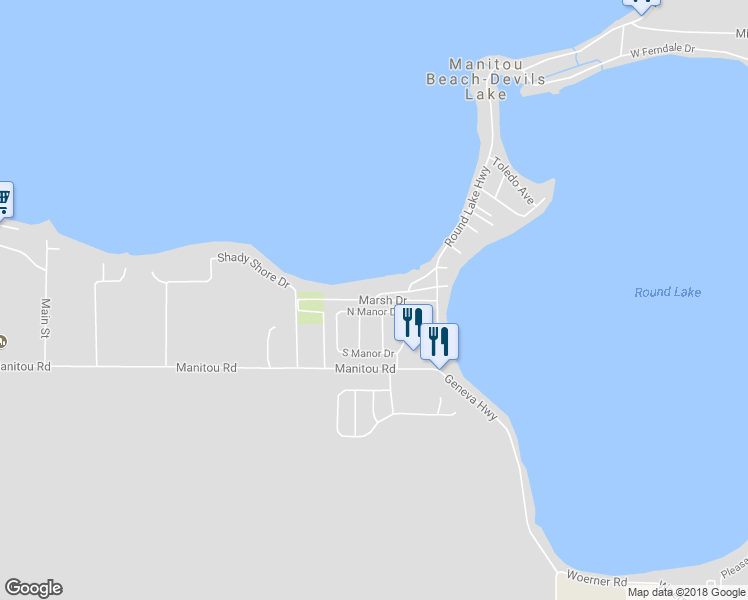 map of restaurants, bars, coffee shops, grocery stores, and more near 2124 Yatch Club in Manitou Beach-Devils Lake