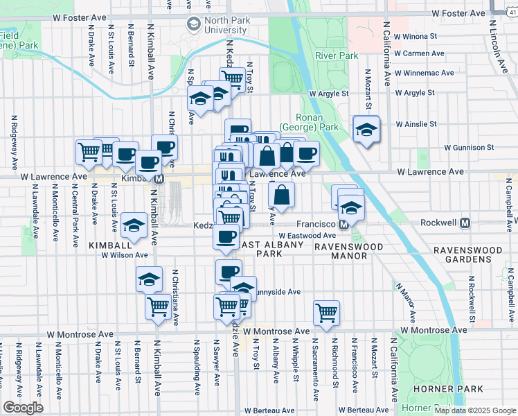map of restaurants, bars, coffee shops, grocery stores, and more near 4705 North Troy Street in Chicago