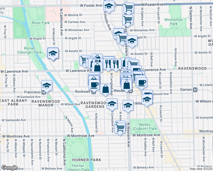 map of restaurants, bars, coffee shops, grocery stores, and more near 4704 North Campbell Avenue in Chicago