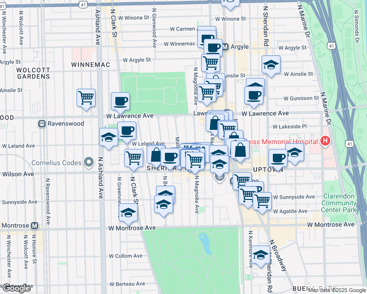 map of restaurants, bars, coffee shops, grocery stores, and more near 1247 West Leland Avenue in Chicago