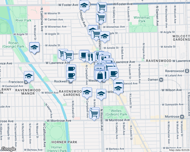 map of restaurants, bars, coffee shops, grocery stores, and more near 4705 North Artesian Avenue in Chicago