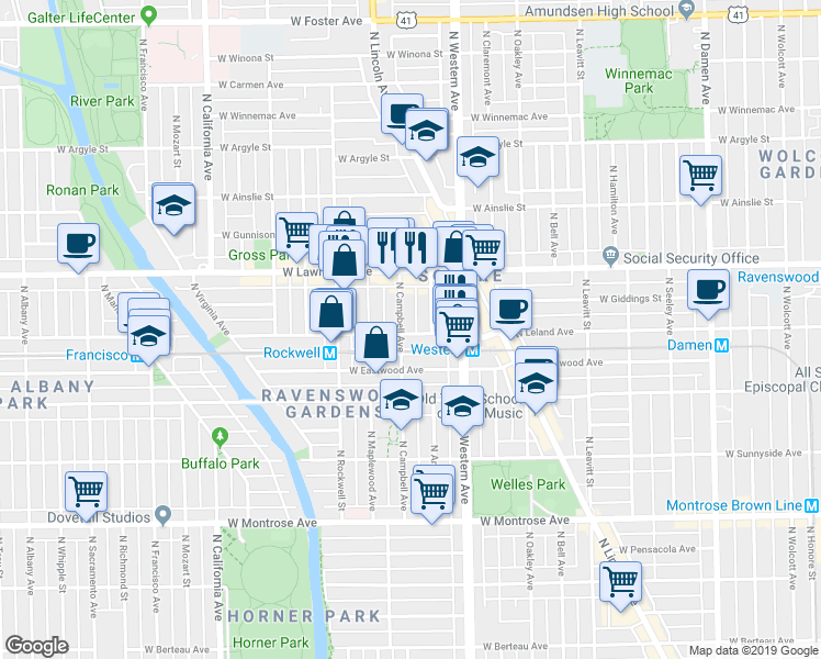 map of restaurants, bars, coffee shops, grocery stores, and more near 4704 North Campbell Avenue in Chicago